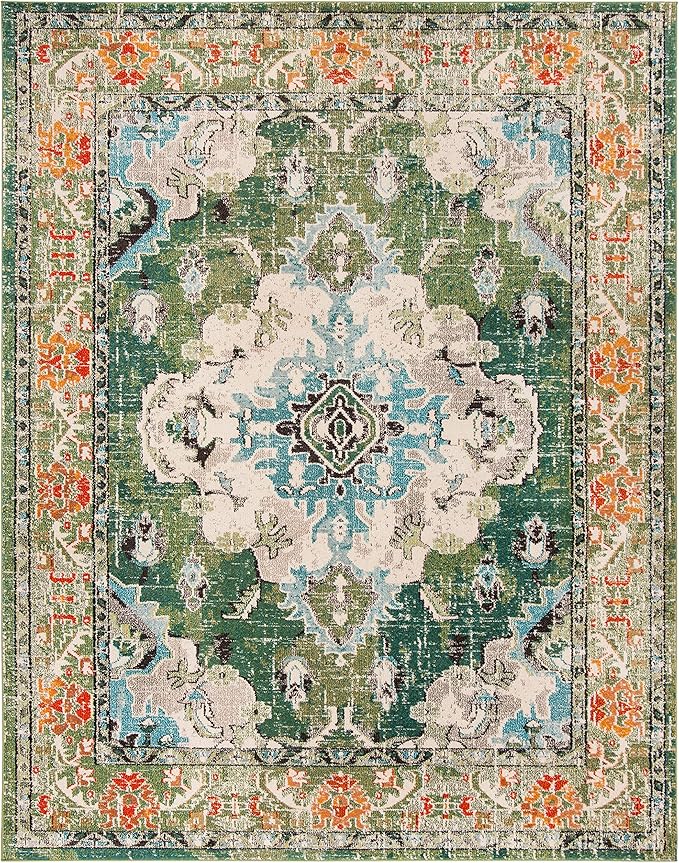 SAFAVIEH Monaco Collection Area Rug - 12' x 15', Forest Green & Light Blue, Non-Shedding & Easy to Clean, Distressed Medallion Design, Ideal for Living Room, Bedroom, Dining Space (MNC243F)