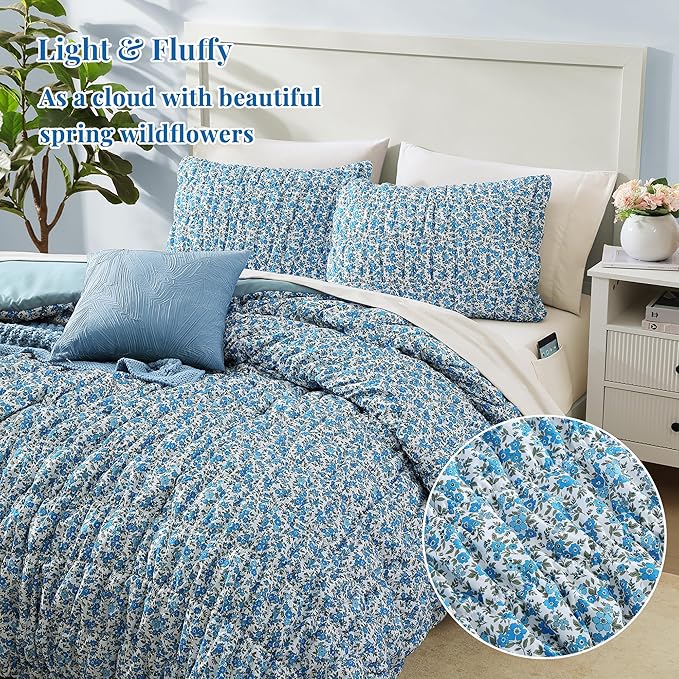Queen Comforter Set - 7 Pieces Blue Classic Puff Floral Bedding Sets for All Seasons, Shabby Chic Farmhouse Bed in a Bag Queen with Wildflowers Fluffy Comforter, Sheets, Pillowcases & Shams