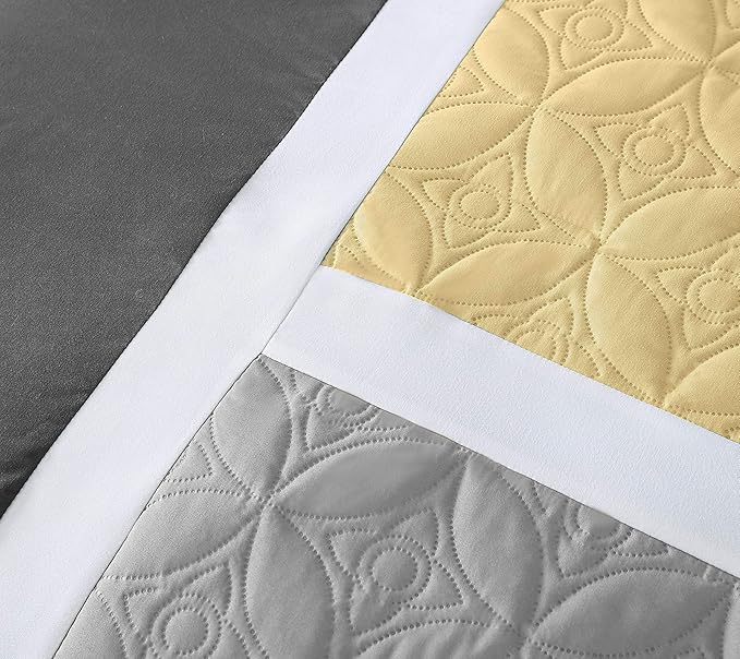 Chezmoi Collection Upland 7-Piece Quilted Patchwork Comforter Set, Yellow/Charcoal/Gray, Queen
