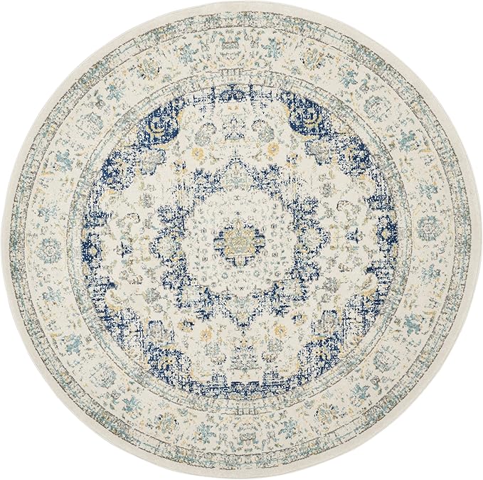 SAFAVIEH Evoke Collection Area Rug - 6'7" Round, Ivory & Blue, Shabby Chic Oriental Medallion Design, Non-Shedding & Easy to Clean, Ideal for Living Room, Bedroom, Dining Space (EVK220C)