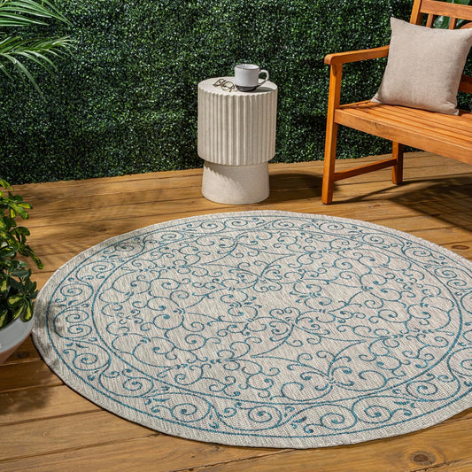 JONATHAN Y Vintage Filigree Indoor Outdoor Round Area Rug 8 Ft Gray/Teal, Charleston Textured Weave for Backyard, Patio, Porch, Easy-Cleaning, High Traffic, Pet-Friendly, Non-Shedding (SMB106E-8R)