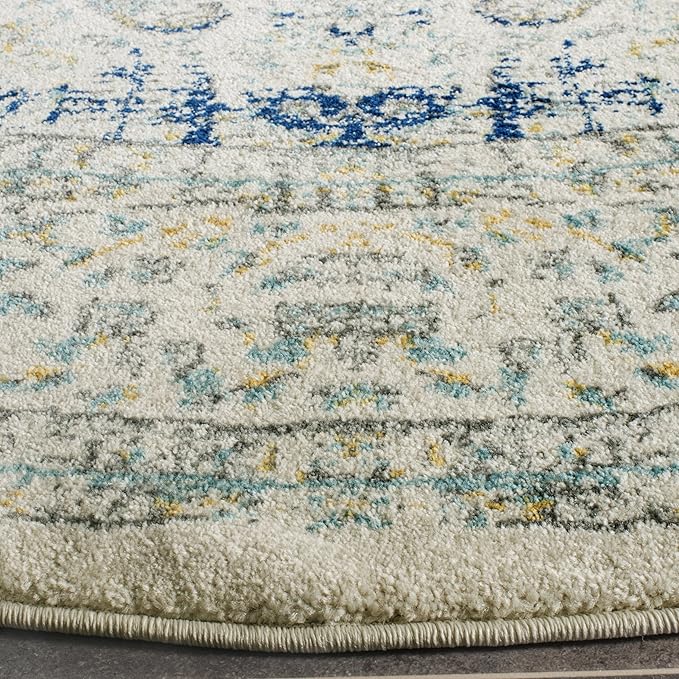 SAFAVIEH Evoke Collection Area Rug - 6'7" Round, Ivory & Blue, Shabby Chic Oriental Medallion Design, Non-Shedding & Easy to Clean, Ideal for Living Room, Bedroom, Dining Space (EVK220C)