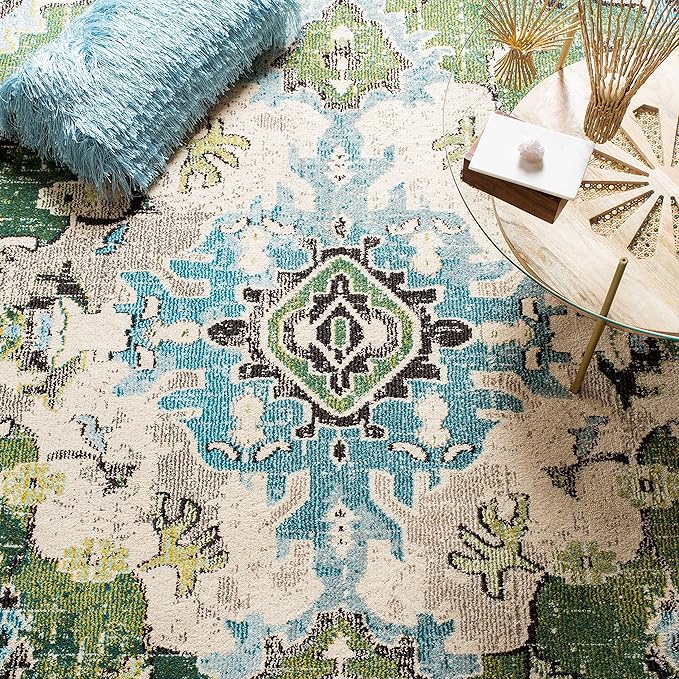 SAFAVIEH Monaco Collection Area Rug - 2'2" x 4', Forest Green & Light Blue, Non-Shedding & Easy to Clean, Distressed Medallion Design, Ideal for Front Door, Kitchen, Entryway, Accent Space (MNC243F)