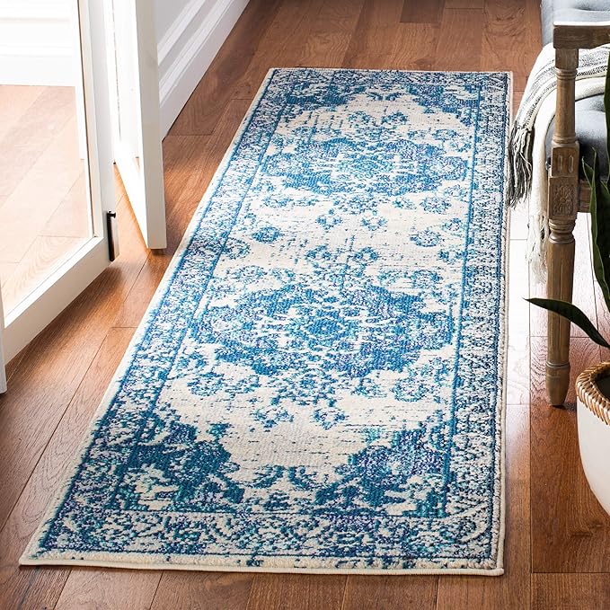 SAFAVIEH Monaco Collection Runner Rug - 2'2" x 13', Ivory & Blue, Non-Shedding & Easy to Clean, Distressed Medallion Design, Ideal for Hallway, Kitchen Foyer, Entryway (MNC243A)