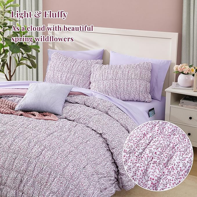 Full Size Comforter Sets - 7 Pieces Puff Light Purple Floral Bedding Set for All Seasons, Shabby Chic Farmhouse Bed in a Bag Full with Floral Comforter, Sheets, Pillowcases & Shams