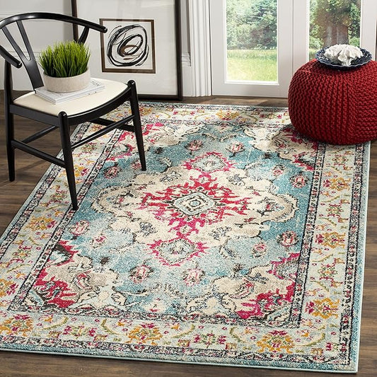 SAFAVIEH Monaco Collection Area Rug - 6'7" x 9'2", Light Blue & Fuchsia, Non-Shedding & Easy to Clean, Distressed Medallion Design, Ideal for Living Room, Bedroom, Dining Space (MNC243J)