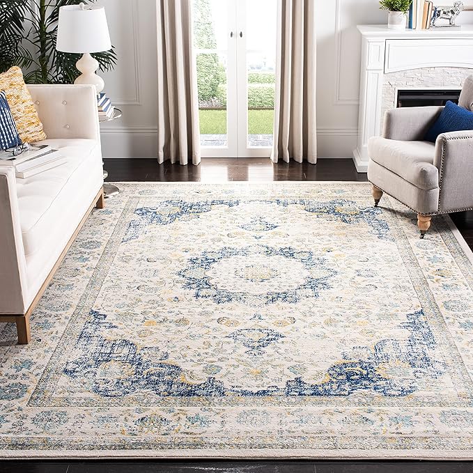 SAFAVIEH Area Rug 8x10 - Evoke Collection - Large - Ivory & Blue, Shabby Chic Oriental Medallion Design, Non-Shedding & Easy to Clean, Ideal for Living Room, Bedroom, Dining Space (EVK220C)