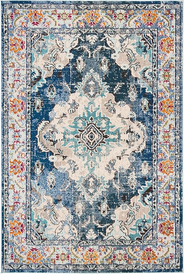 SAFAVIEH Monaco Collection Area Rug - 6'7" x 9'2", Navy & Light Blue, Non-Shedding & Easy to Clean, Distressed Medallion Design, Ideal for Living Room, Bedroom, Dining Space (MNC243N)