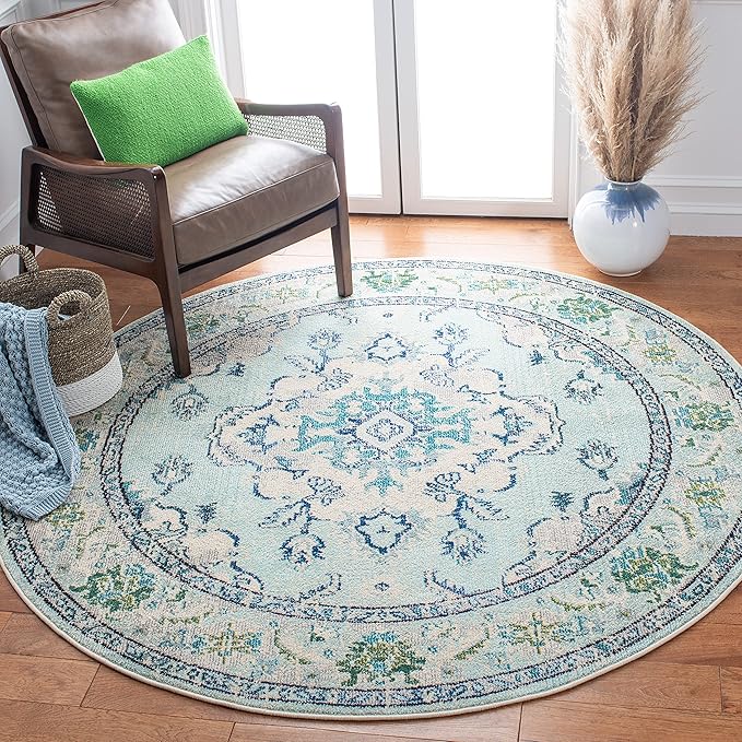 SAFAVIEH Monaco Collection Area Rug - 8' Square, Light Blue & Ivory, Non-Shedding & Easy Care, Ideal for High Traffic Areas in Living Room, Bedroom, Home Office, Dining Space (MNC243K-8SQ)