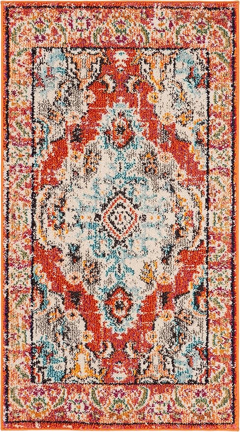 SAFAVIEH Monaco Collection Area Rug - 2'2" x 4', Orange & Light Blue, Non-Shedding & Easy to Clean, Distressed Medallion Design, Ideal for Front Door, Kitchen, Entryway, Accent Space (MNC243H)