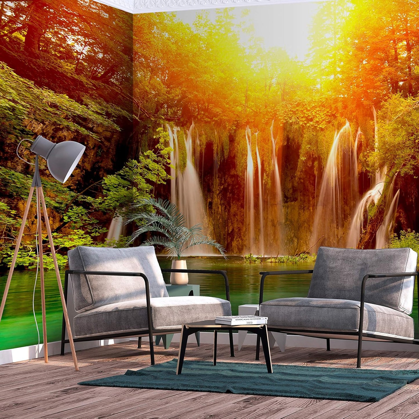 artgeist Wall Mural Waterfall 216x98 in - XXL Non-Woven Corner Wallpaper Fleece Angle Wall Decor Photo Print Picture Image Design Modern Nature Lake Sun Forest Landscape c-B-0475-a-a
