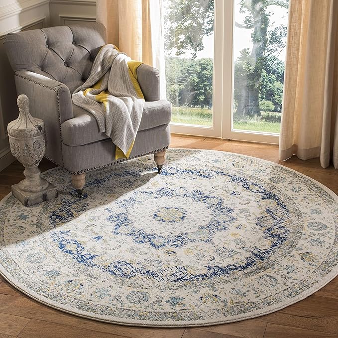 SAFAVIEH Evoke Collection Area Rug - 6'7" Round, Ivory & Blue, Shabby Chic Oriental Medallion Design, Non-Shedding & Easy to Clean, Ideal for Living Room, Bedroom, Dining Space (EVK220C)