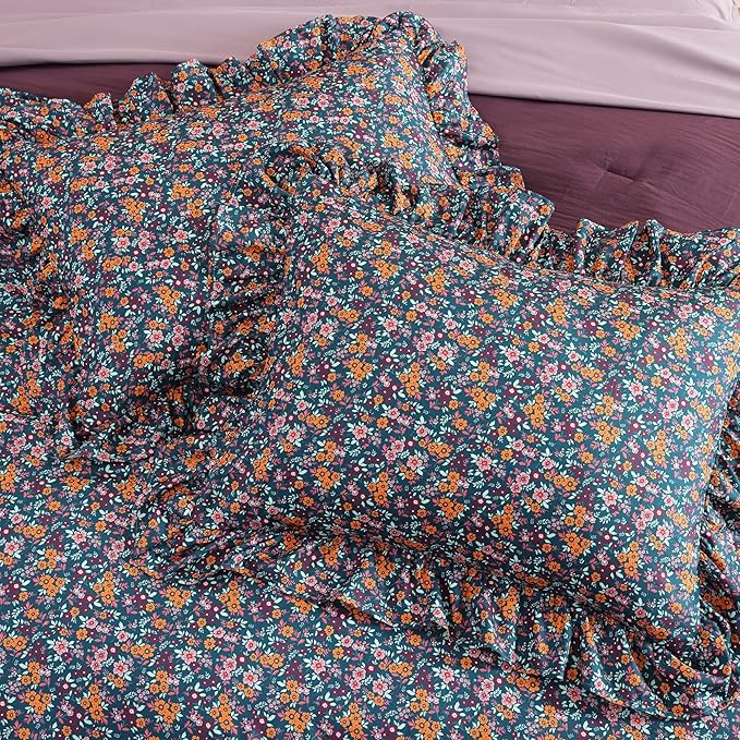 King Comforter Set - 7 Pieces Ruffle Purple Ditzy Bedding Sets, Shabby Chic Farmhouse Bed in a Bag with Ruffle Comforter, Sheets, Pillowcases & Shams
