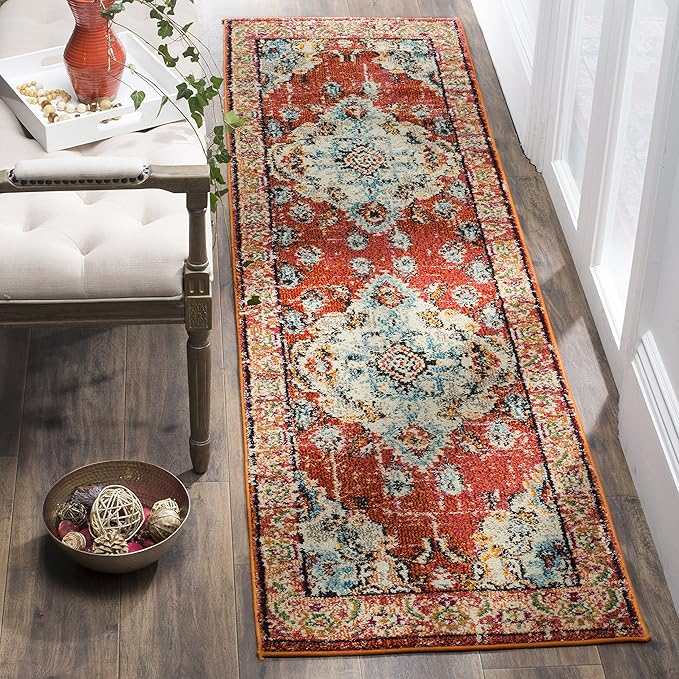 SAFAVIEH Monaco Collection Runner Rug - 2'2" x 16', Orange & Light Blue, Non-Shedding & Easy to Clean, Distressed Medallion Design, Ideal for Hallway, Foyer, Entryway, Kitchen, Bedroom (MNC243H)
