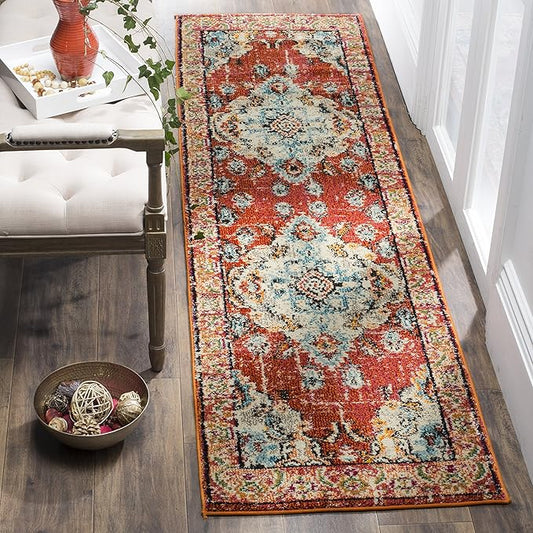 SAFAVIEH Monaco Collection Runner Rug - 2'2" x 22', Orange & Light Blue, Non-Shedding & Easy to Clean, Distressed Medallion Design, Ideal for Hallway, Foyer, Entryway, Kitchen, Bedroom (MNC243H)