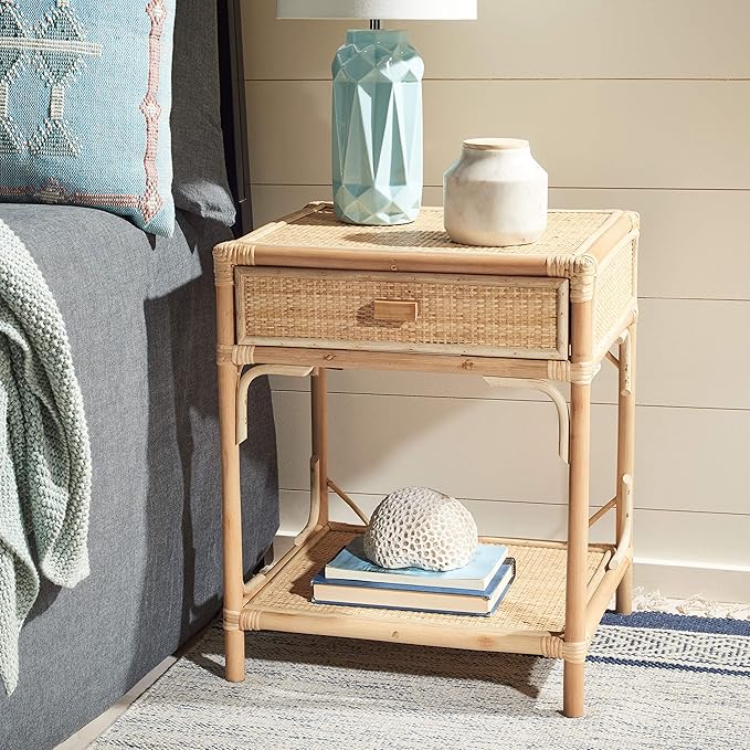 SAFAVIEH Home Collection – Roya Natural Nightstand with Drawer & Shelf, Coastal Accent Table, Bamboo-Style Frame & Rattan Drawer (NST4005A)