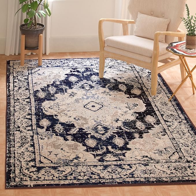 SAFAVIEH Monaco Collection Area Rug - 9' x 12', Ivory & Navy, Non-Shedding & Easy to Clean, Distressed Medallion Design, Ideal for Living Room, Bedroom, Dining Space (MNC243C)