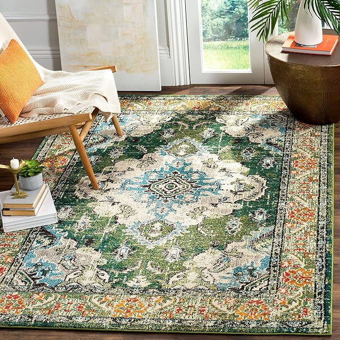 SAFAVIEH Monaco Collection Area Rug - 6'7" x 9'2", Forest Green & Light Blue, Non-Shedding & Easy to Clean, Distressed Medallion Design, Ideal for Living Room, Bedroom, Dining Space (MNC243F)