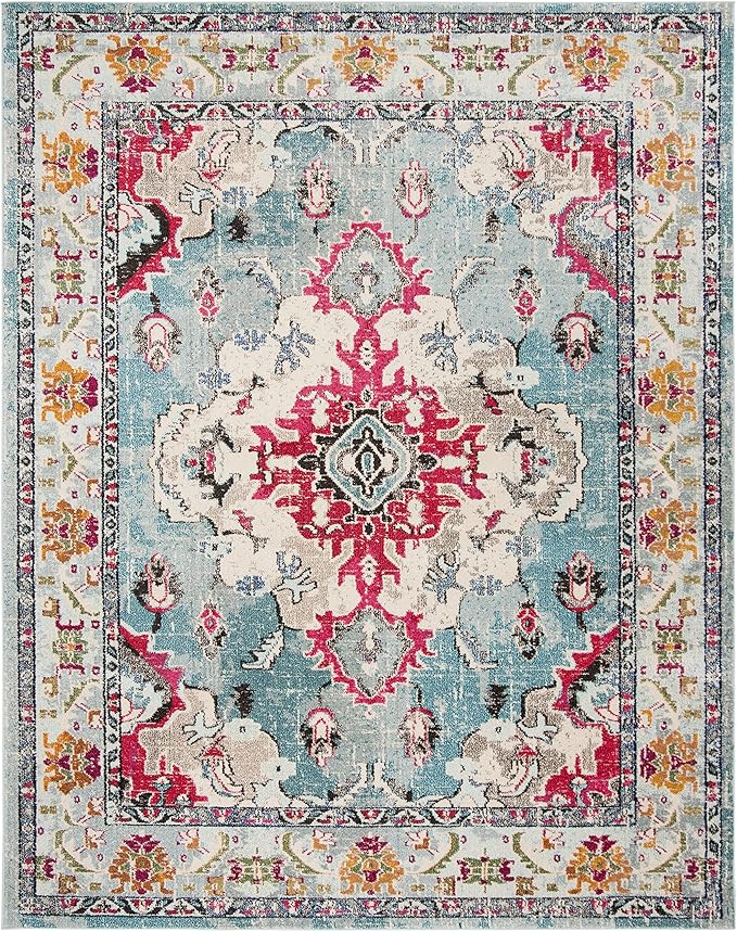 SAFAVIEH Monaco Collection Area Rug - 12' x 18', Light Blue & Fuchsia, Non-Shedding & Easy to Clean, Distressed Medallion Design, Ideal for Living Room, Bedroom, Dining Space (MNC243J)