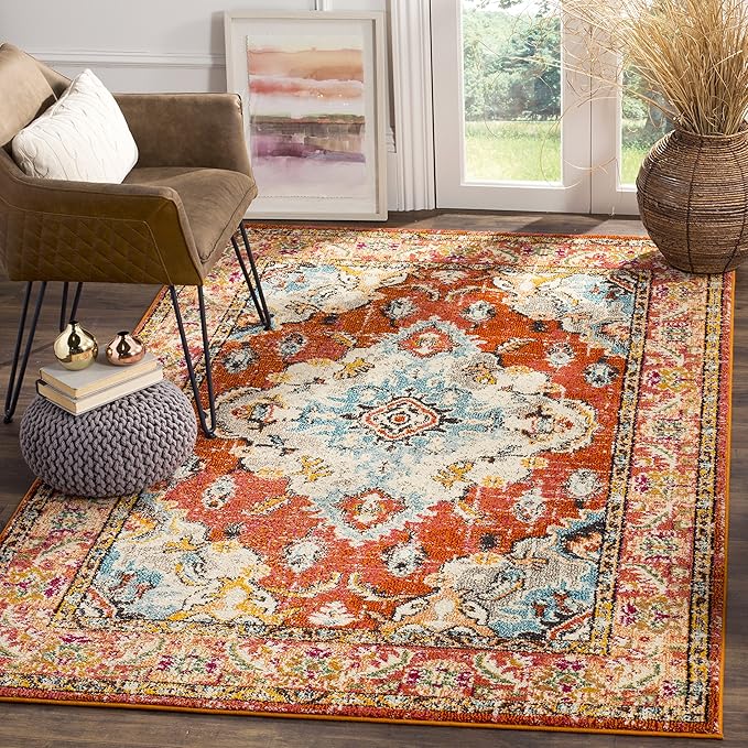 SAFAVIEH Monaco Collection Area Rug - 5'1" x 7'7", Orange & Light Blue, Non-Shedding & Easy to Clean, Distressed Medallion Design, Ideal for Living Room, Bedroom, Dining Space (MNC243H)