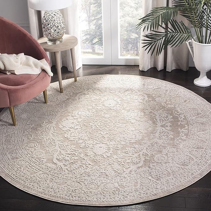 SAFAVIEH Area Rug 5' Round - Reflection Collection - Beige & Cream, Non-Shedding & Easy Cleaning, Ideal for Entryway, Living Room, Bedroom (RFT668A)