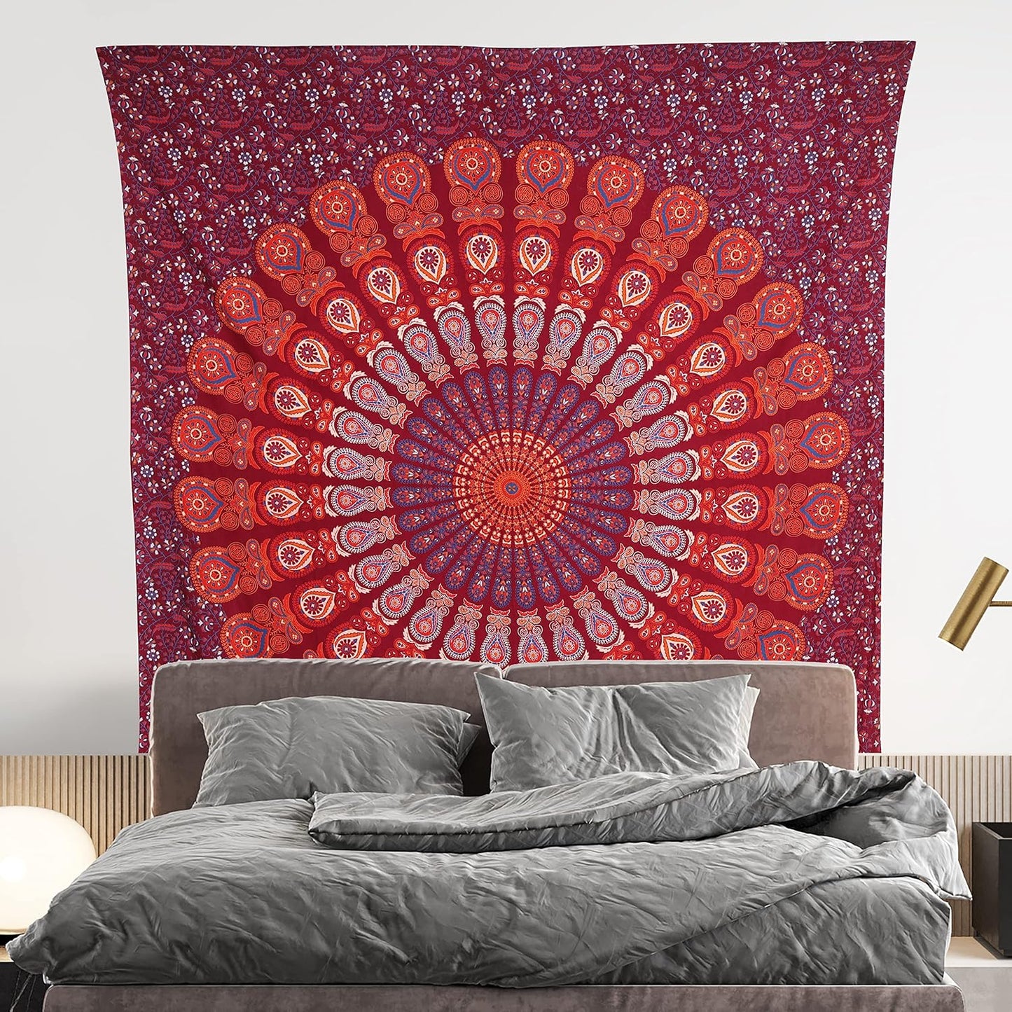 Bless International Handmade Indian hippie Bohemian Psychedelic Peacock Mandala Wall hanging College Dorm Beach Throws Table Cloth Bedding Tapestry (Blue Red, King(88x104Inches)(225x265Cms))
