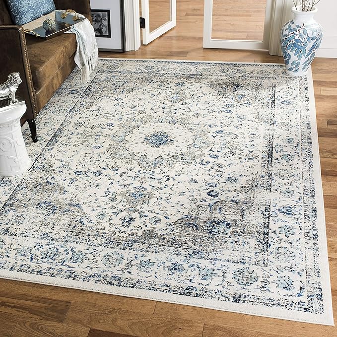 SAFAVIEH Evoke Collection Area Rug - 6'7" x 9', Ivory & Grey, Shabby Chic Oriental Medallion Design, Non-Shedding & Easy to Clean, Ideal for Living Room, Bedroom, Dining Space (EVK220D)