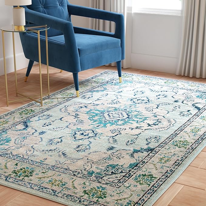 SAFAVIEH Monaco Collection Area Rug - 5' Round, Light Blue & Ivory, Non-Shedding & Easy Care, Ideal for High Traffic Areas in Living Room, Foyer, Bedroom (MNC243K-5R)