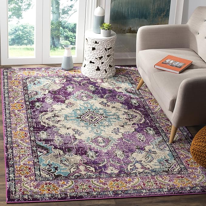 SAFAVIEH Monaco Collection Area Rug - 8' x 10', Violet & Light Blue, Non-Shedding & Easy to Clean, Distressed Medallion Design, Ideal for Living Room, Bedroom, Dining Space (MNC243L)