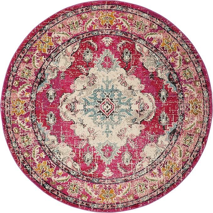 SAFAVIEH Monaco Collection 8' Round PinkMulti MNC243D Boho Chic Medallion Distressed Non-Shedding Living Room Dining Bedroom Foyer Area Rug