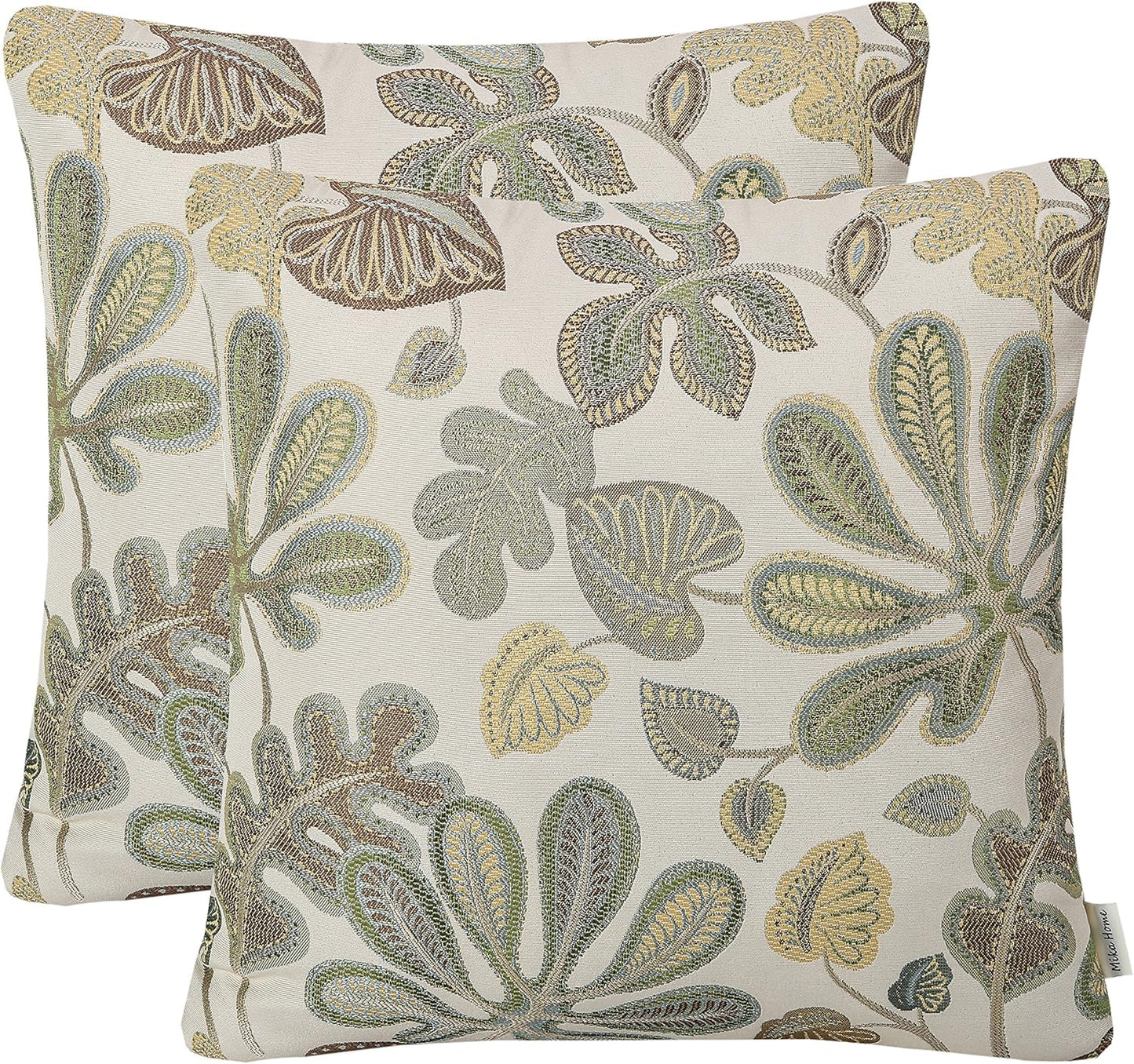 Set of 2 Jacquard Tropical Leaf Pattern Throw Pillow Covers Decorative Pillowcase 20X20 Inches,Green Cream