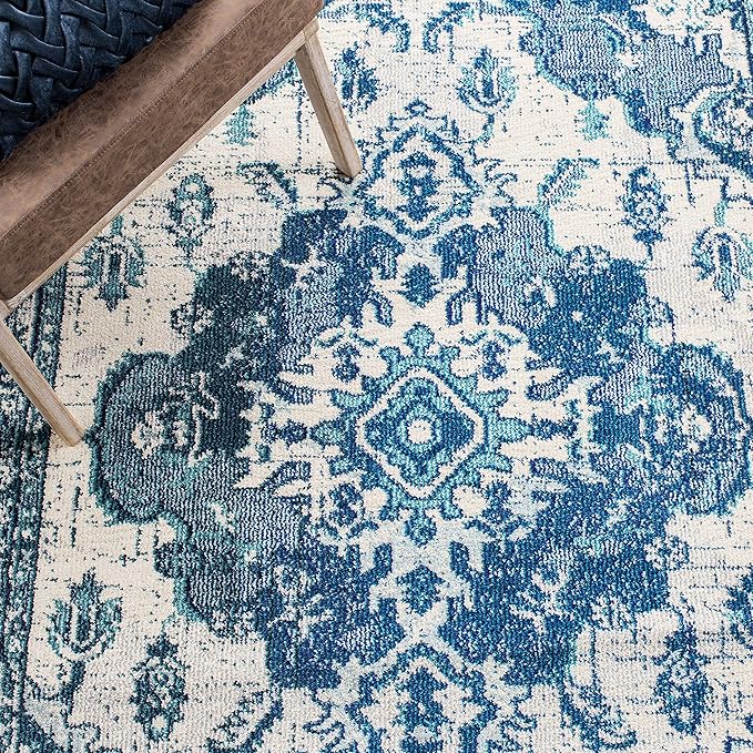 SAFAVIEH Monaco Collection Area Rug - 8' x 10', Ivory & Blue, Non-Shedding & Easy to Clean, Distressed Medallion Design, Ideal for Living Room, Bedroom, Dining Space (MNC243A)